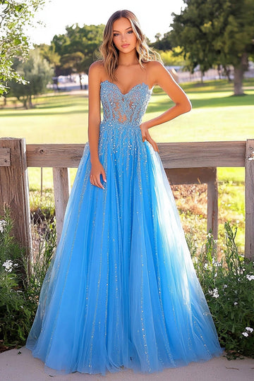 Bleu une ligne Sweetheart Tulle Robe de Bal Longue avec Appliques